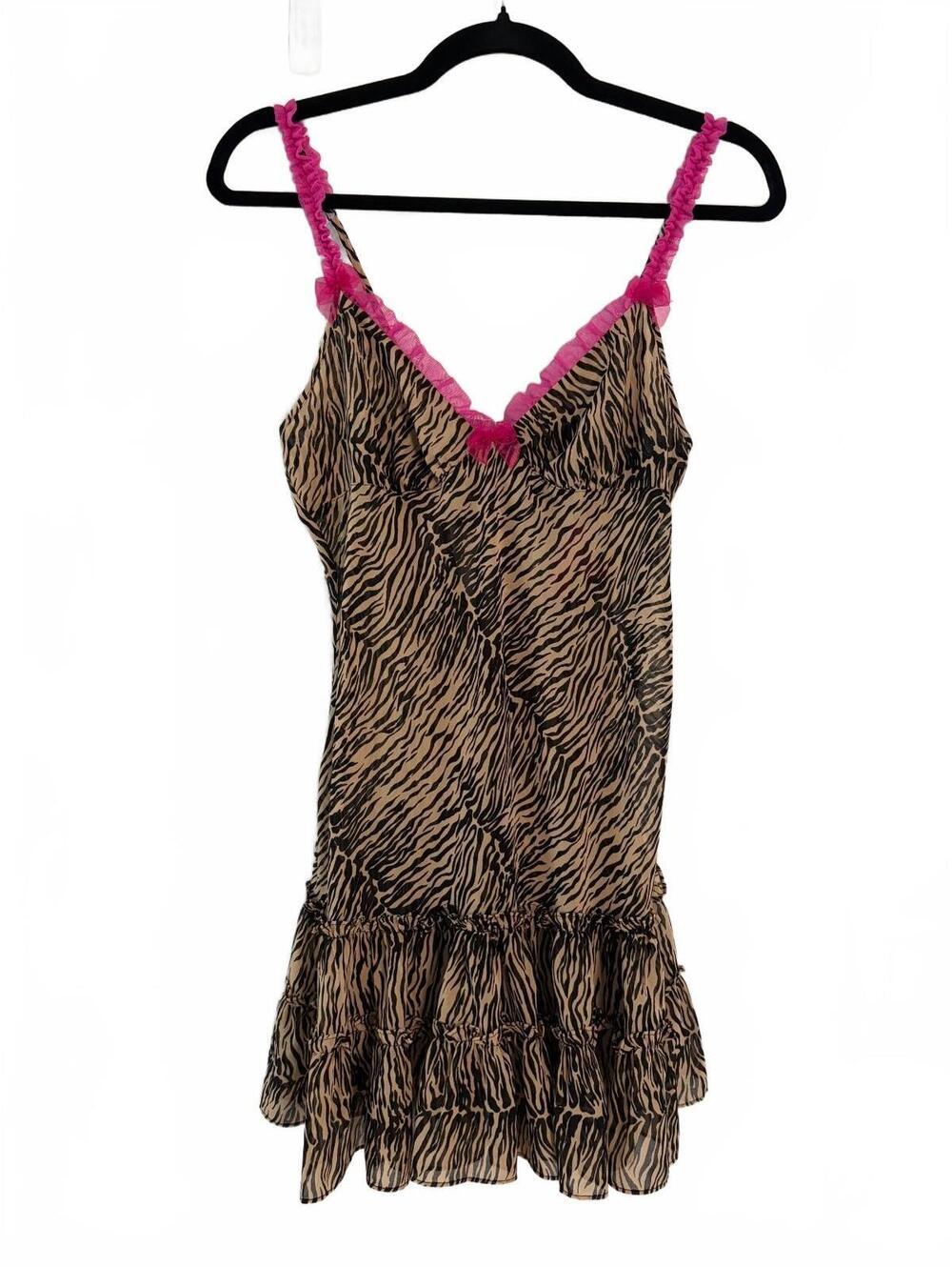 Betsey Johnson Intimates Chemise Womens M Zebra Sheer Hot Pink Ruffle Y2K